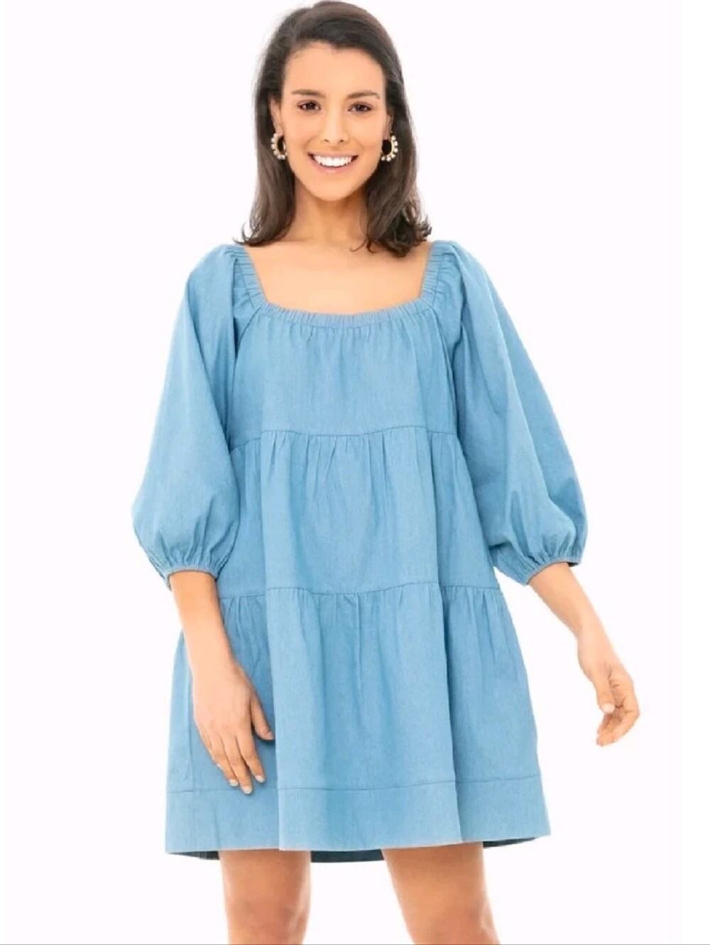 LALAVON chambray square neckline tiered puff sleeves Mini Dress Size Large